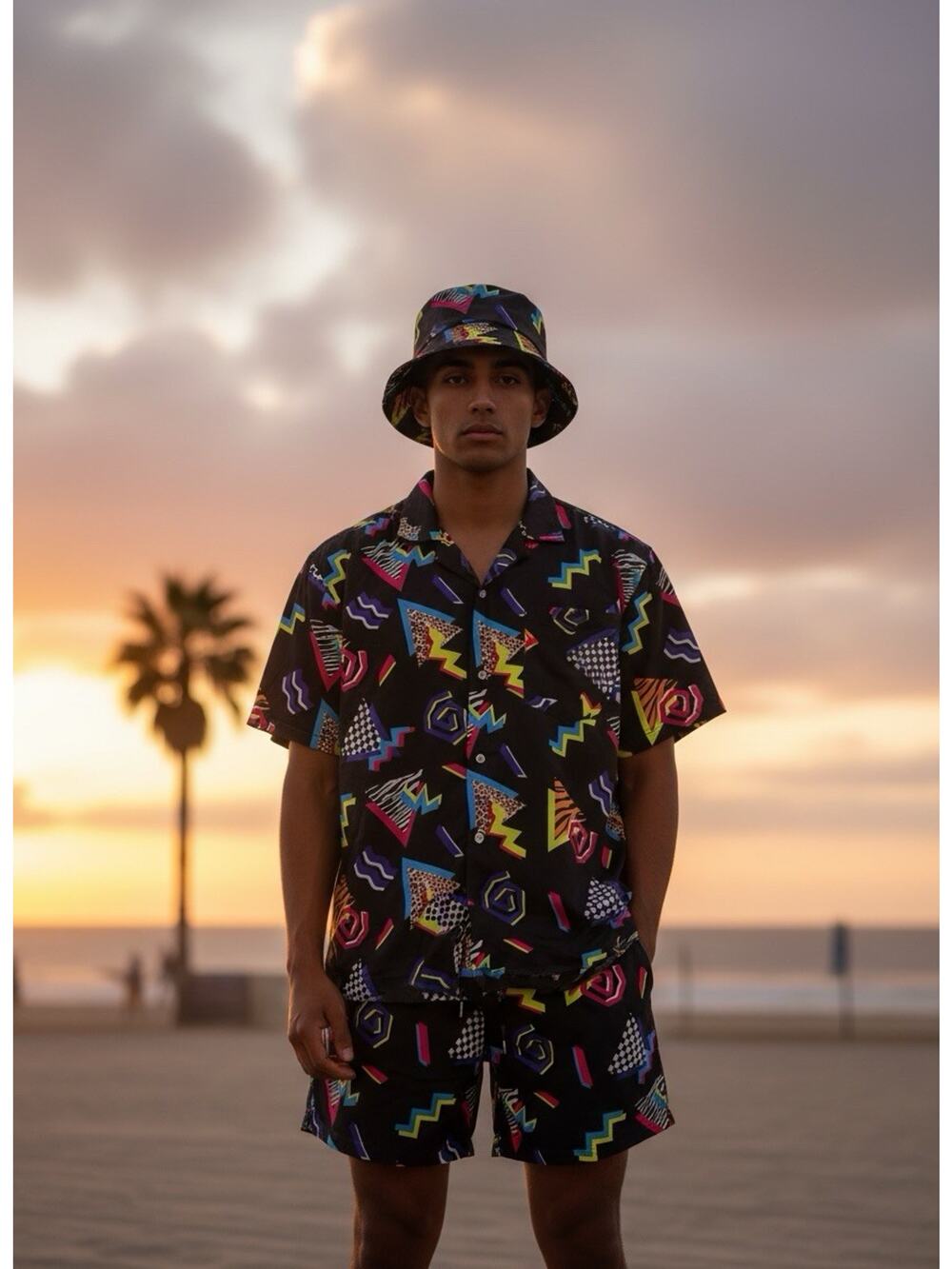 Retro 80s 90s Geometric Matching Set Bucket Hat Shirt Shorts Mens M